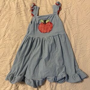 Striped Blue and White Kids Dress with Apple Design